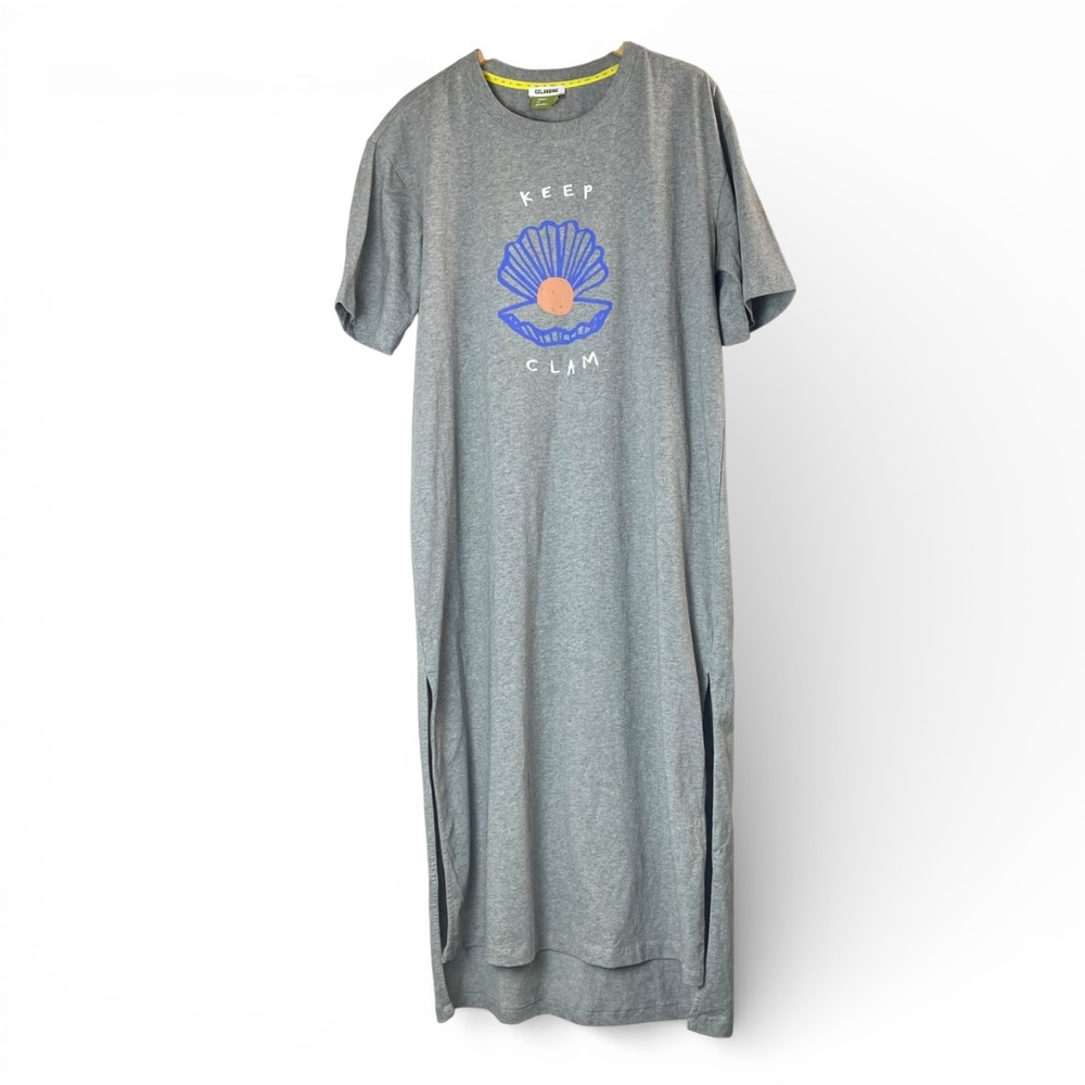 Anthropologie Gray Midi T-Shirt Dress with Blue Shell Graphic - Picture 2 of 8